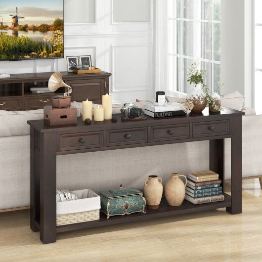 63 Inches Farmhouse Entryway Table with 4 Storage Drawers and Open Shelf-Espresso - Color: Espresso