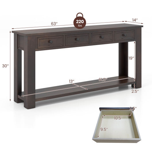 63 Inches Farmhouse Entryway Table with 4 Storage Drawers and Open Shelf-Espresso - Color: Espresso