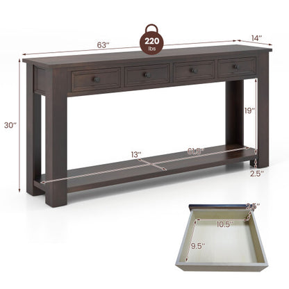 63 Inches Farmhouse Entryway Table with 4 Storage Drawers and Open Shelf-Espresso - Color: Espresso