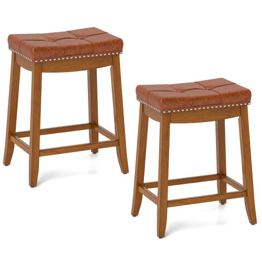 25/29 Inch Set of 2 Upholstered PU Leather Bar Stools with Saddle Seat-25 inches - Color: Brown - Size: 25 inches