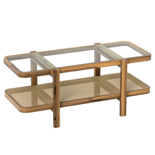 2-Tier Coffee Table with Storage and Tempered Glass Tabletop-Brown - Color: Brown