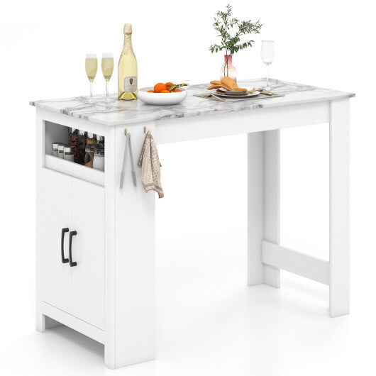 Bar Table Faux Marble Pub Table with 7 Hanging Hooks Compartment-White - Color: White