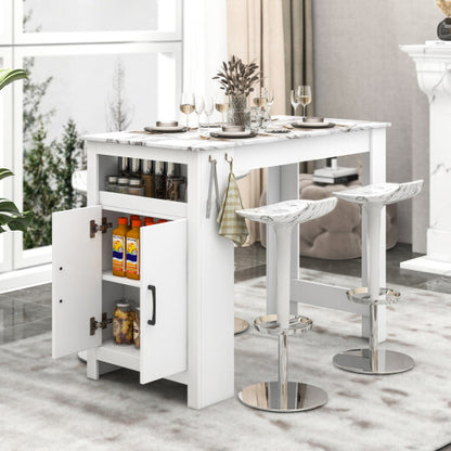 Bar Table Faux Marble Pub Table with 7 Hanging Hooks Compartment-White - Color: White