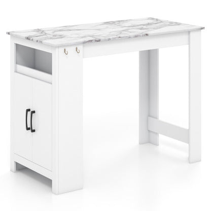 Bar Table Faux Marble Pub Table with 7 Hanging Hooks Compartment-White - Color: White