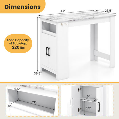 Bar Table Faux Marble Pub Table with 7 Hanging Hooks Compartment-White - Color: White