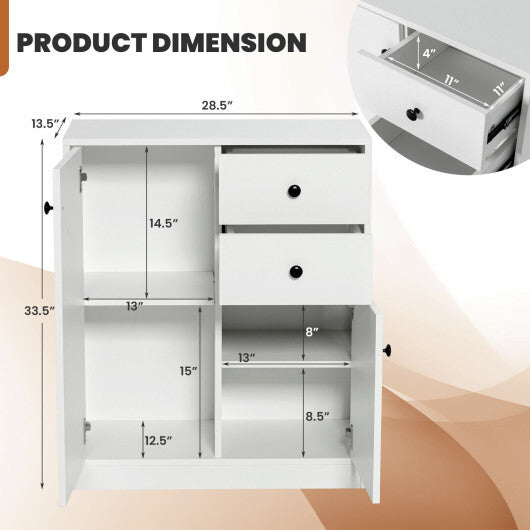 2-Door Free-standing Kitchen Sideboard with Adjustable Shelves-White - Color: White