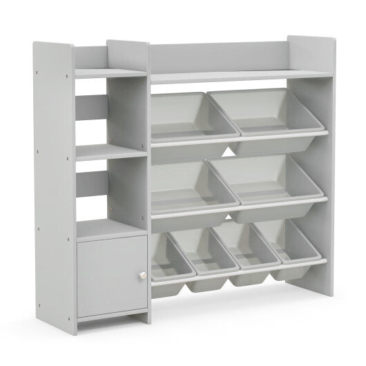 4-Tier Kids Bookshelf and Toy Storage Rack with 8 Toy Organizer Bins-Grey - Color: Gray