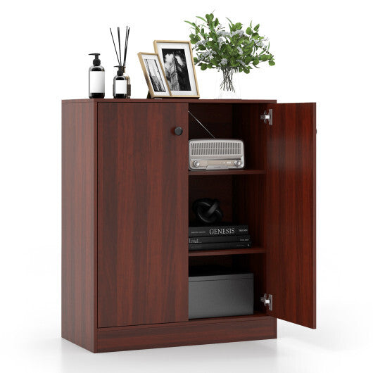 2-Door Modern Floor Storage Cabinet with 3-Tier Shelf-Brown - Color: Brown