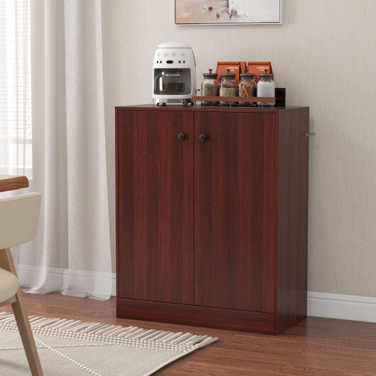 2-Door Modern Floor Storage Cabinet with 3-Tier Shelf-Brown - Color: Brown