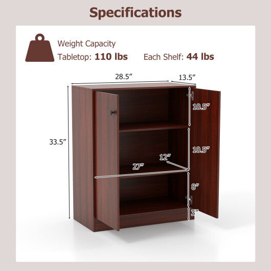 2-Door Modern Floor Storage Cabinet with 3-Tier Shelf-Brown - Color: Brown