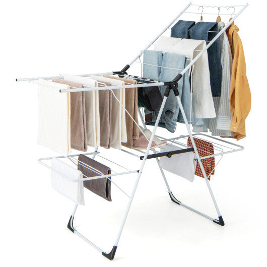 2-level Laundry Drying Rack with Height Adjustable Wings - Color: White