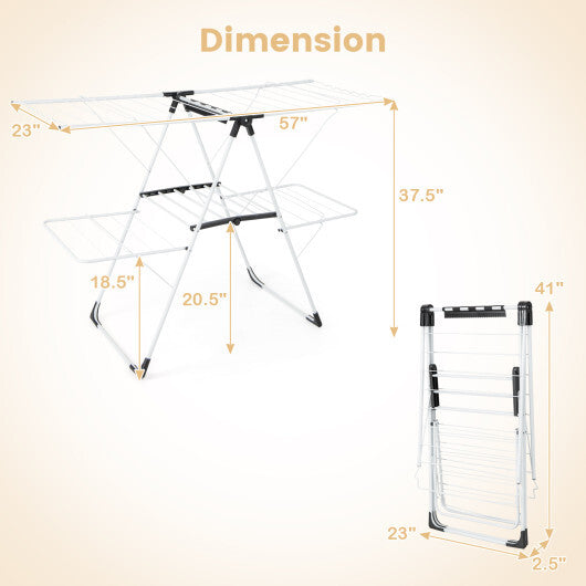 2-level Laundry Drying Rack with Height Adjustable Wings - Color: White