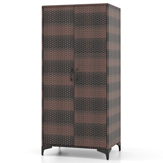 62 Inch Wicker Wardrobe with 2 Doors PE Rattan Closet with Hanging Rod-Brown - Color: Brown