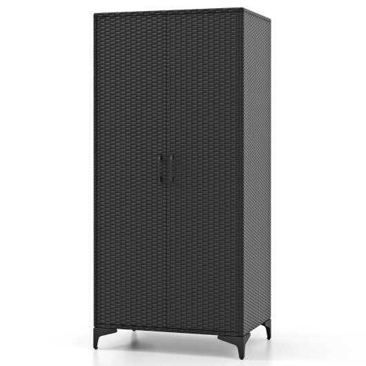 62 Inch Wicker Wardrobe with 2 Doors PE Rattan Closet with Hanging Rod-Black - Color: Black