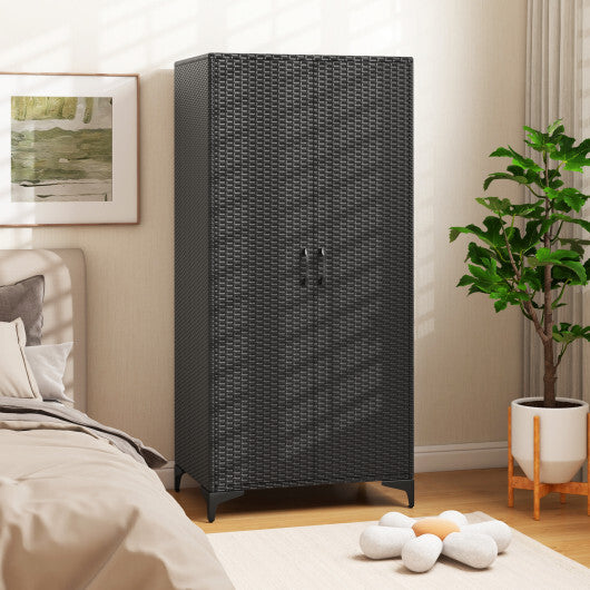 62 Inch Wicker Wardrobe with 2 Doors PE Rattan Closet with Hanging Rod-Black - Color: Black