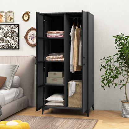 62 Inch Wicker Wardrobe with 2 Doors PE Rattan Closet with Hanging Rod-Black - Color: Black