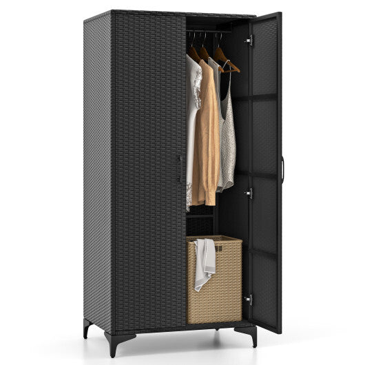 62 Inch Wicker Wardrobe with 2 Doors PE Rattan Closet with Hanging Rod-Black - Color: Black