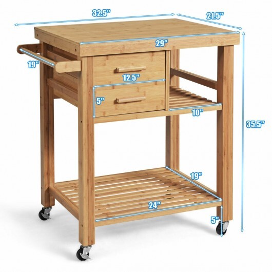 Bamboo Kitchen Trolley Cart with Tower Rack and Drawers - Color: Natural