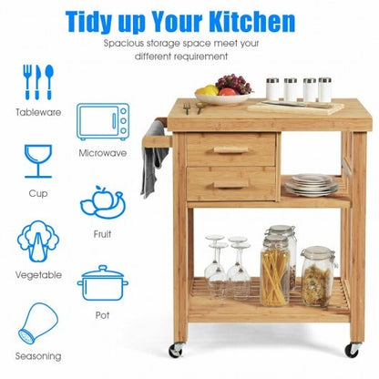 Bamboo Kitchen Trolley Cart with Tower Rack and Drawers - Color: Natural