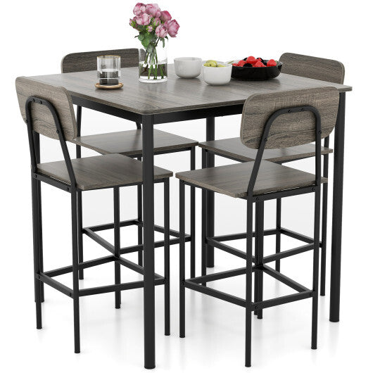 5-Piece Counter-Height Dining Bar Table Set with 4 Bar Chairs-Gray - Color: Gray