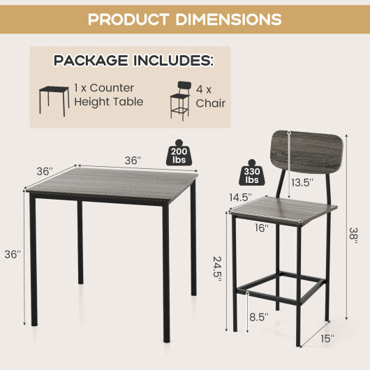 5-Piece Counter-Height Dining Bar Table Set with 4 Bar Chairs-Gray - Color: Gray