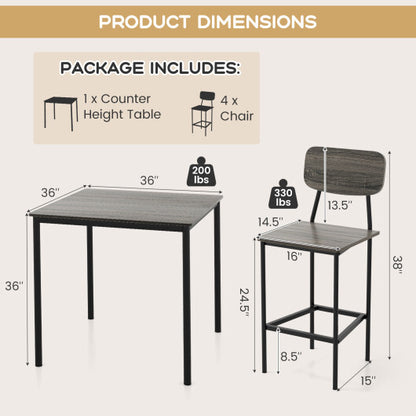 5-Piece Counter-Height Dining Bar Table Set with 4 Bar Chairs-Gray - Color: Gray