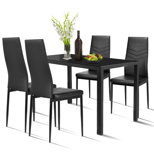 5 Piece Kitchen Dining Set with Glass Metal Table and 4 Chairs - Color: Black