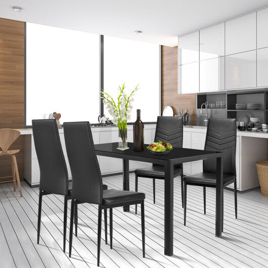 5 Piece Kitchen Dining Set with Glass Metal Table and 4 Chairs - Color: Black