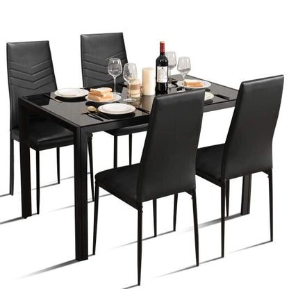 5 Piece Kitchen Dining Set with Glass Metal Table and 4 Chairs - Color: Black