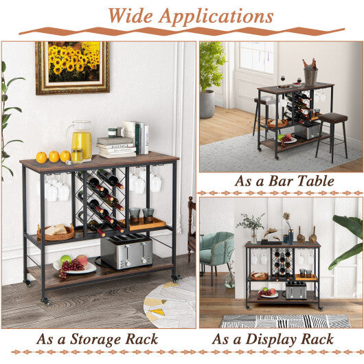 3-Tier Wine Bar Cabinet wit 8 Bottles Rack and 12 Glasses Hanger-Rustic Brown - Color: Rustic Brown