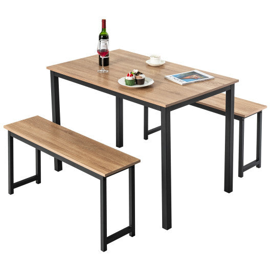 3 Pieces Dining Table Set with 2 Benches for Dining Room Kitchen Bar-Natural - Color: Natural