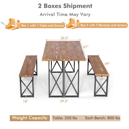 6-Person Outdoor Patio Dining Table Set with 2 Inch Umbrella Hole - Color: Natural