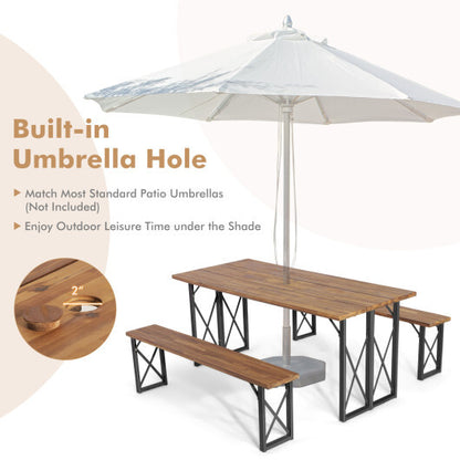 6-Person Outdoor Patio Dining Table Set with 2 Inch Umbrella Hole - Color: Natural