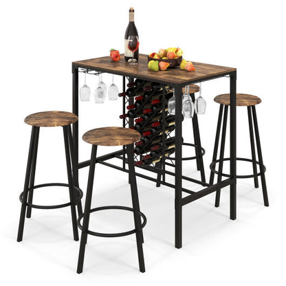 5 Pieces Bar Table and Stools Set with Wine Rack and Glass Holder-Rustic Brown - Color: Rustic Brown