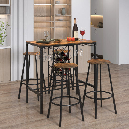 5 Pieces Bar Table and Stools Set with Wine Rack and Glass Holder-Rustic Brown - Color: Rustic Brown