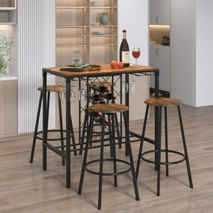 5 Pieces Bar Table and Stools Set with Wine Rack and Glass Holder-Rustic Brown - Color: Rustic Brown