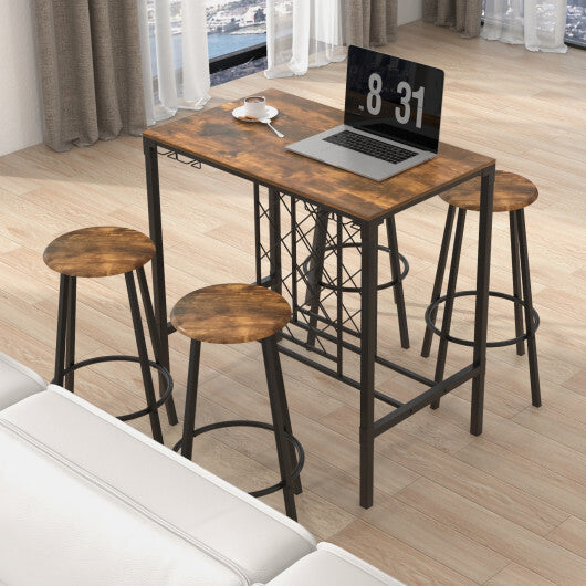 5 Pieces Bar Table and Stools Set with Wine Rack and Glass Holder-Rustic Brown - Color: Rustic Brown