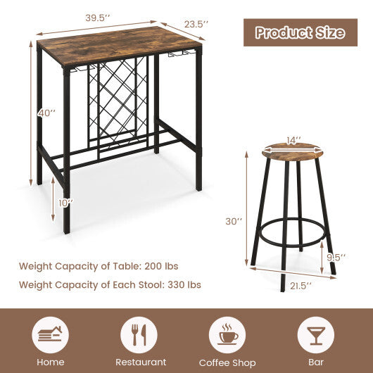 5 Pieces Bar Table and Stools Set with Wine Rack and Glass Holder-Rustic Brown - Color: Rustic Brown