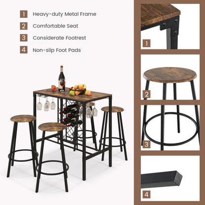 5 Pieces Bar Table and Stools Set with Wine Rack and Glass Holder-Rustic Brown - Color: Rustic Brown