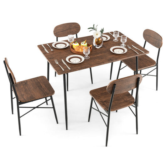 5 Piece Dining Table Set Rectangular with Backrest and Metal Legs for Breakfast Nook-Rustic Brown - Color: Rustic Brown