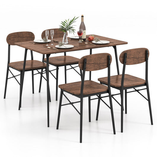 5 Piece Dining Table Set Rectangular with Backrest and Metal Legs for Breakfast Nook-Rustic Brown - Color: Rustic Brown