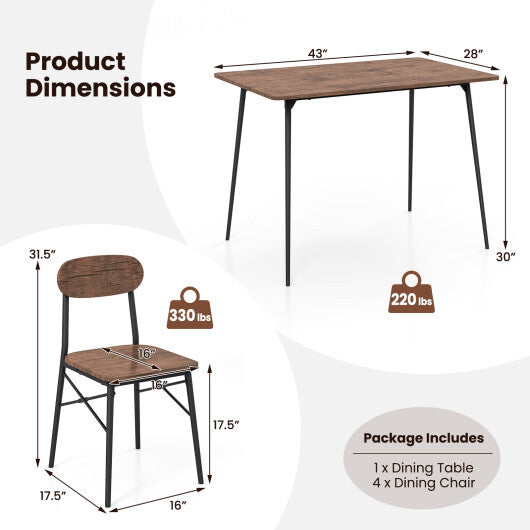 5 Piece Dining Table Set Rectangular with Backrest and Metal Legs for Breakfast Nook-Rustic Brown - Color: Rustic Brown