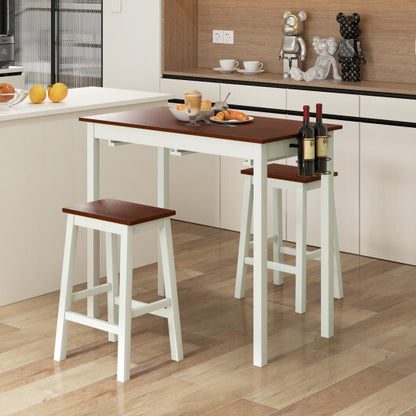 3-Piece Bar Table Set with 2 Wine Holders and Wooden Legs-White - Color: White