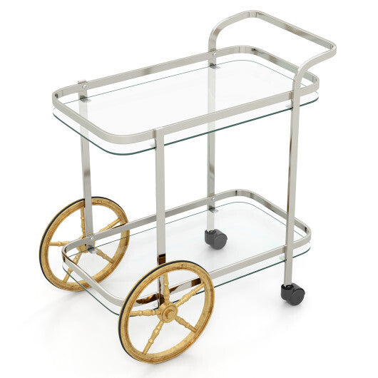 2-Tier Tempered Glass Bar Cart with 2 Large Aluminum Wheels and 2 Rolling Casters - Color: Transparent - Size: 2-Tier