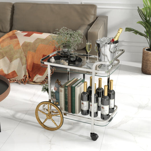 2-Tier Tempered Glass Bar Cart with 2 Large Aluminum Wheels and 2 Rolling Casters - Color: Transparent - Size: 2-Tier