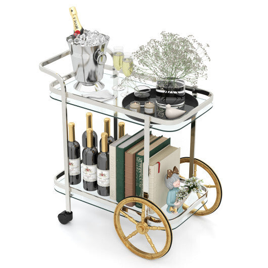 2-Tier Tempered Glass Bar Cart with 2 Large Aluminum Wheels and 2 Rolling Casters - Color: Transparent - Size: 2-Tier