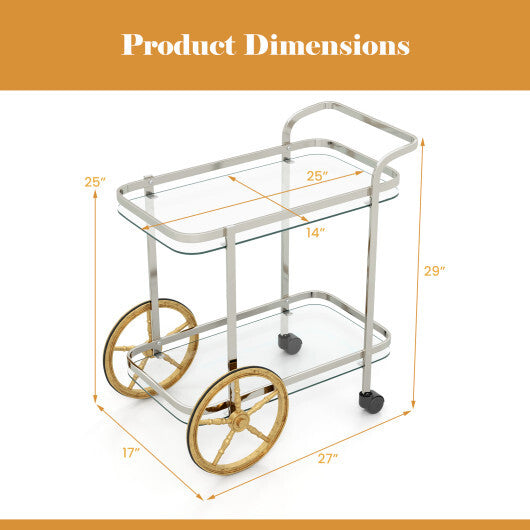 2-Tier Tempered Glass Bar Cart with 2 Large Aluminum Wheels and 2 Rolling Casters - Color: Transparent - Size: 2-Tier