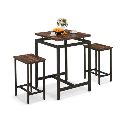 3 Pieces Pub Dining Table Set with Floating Tabletop and Footrest-Rustic Brown - Color: Rustic Brown