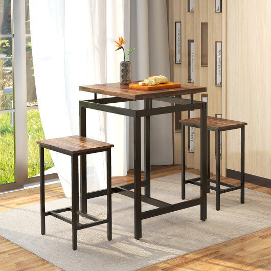 3 Pieces Pub Dining Table Set with Floating Tabletop and Footrest-Rustic Brown - Color: Rustic Brown