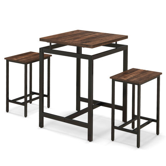 3 Pieces Pub Dining Table Set with Floating Tabletop and Footrest-Rustic Brown - Color: Rustic Brown